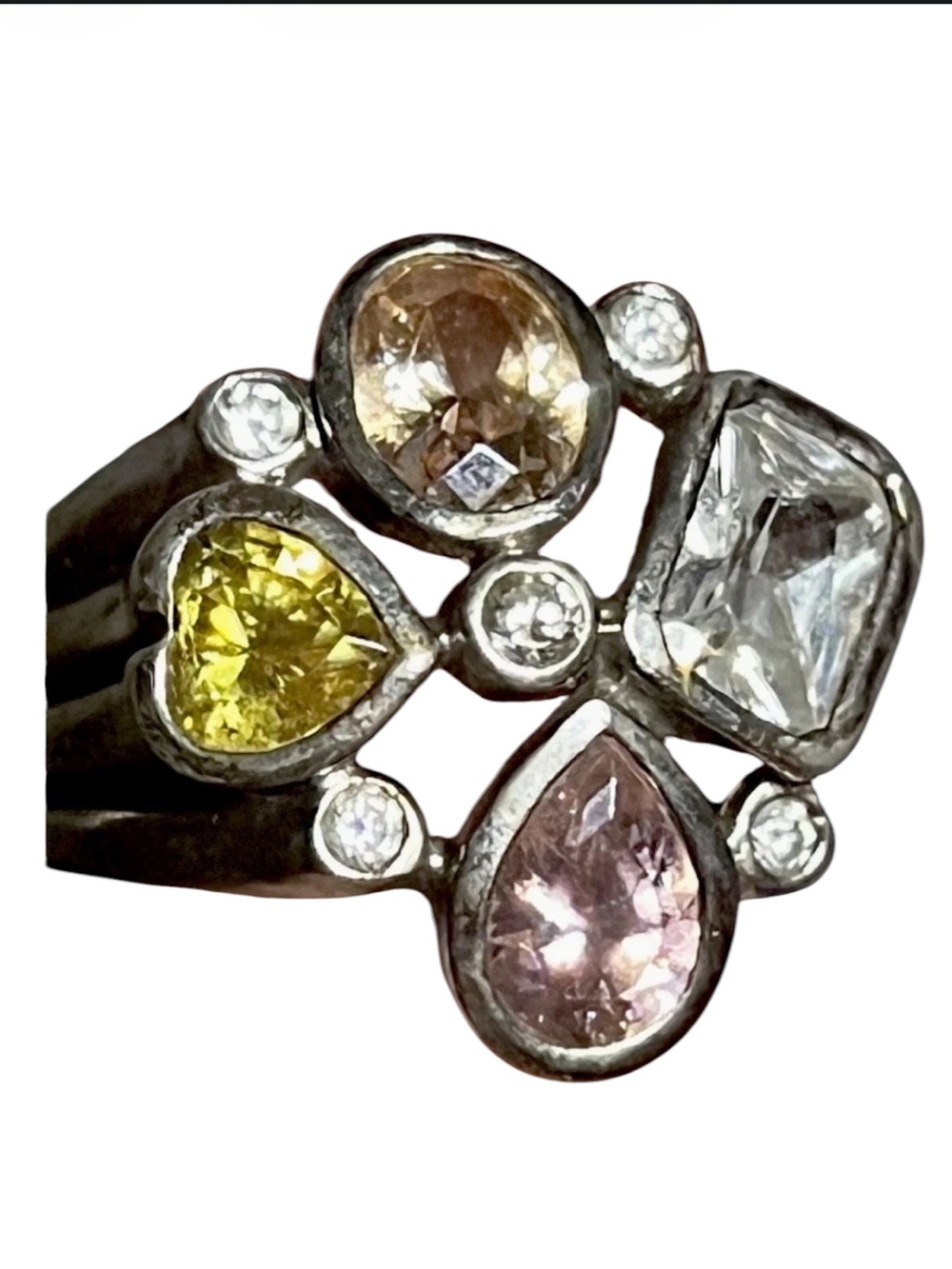 Chunky Multi-Gem Sterling Statement Ring - Yellow, Pink, Champagne & Clear CZ